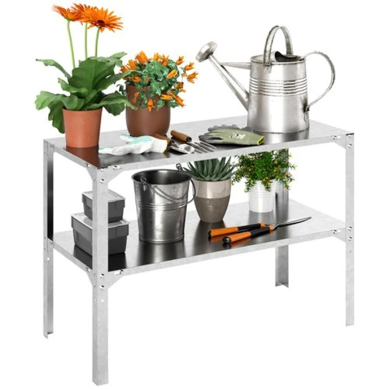 Image of Outsunny 2 Tier Potting Bench Table, Galvanised Work Bench, Silver Tone Silver