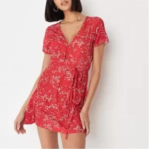 Missguided Ditsy Floral Print Half Button Tea Dress - Red