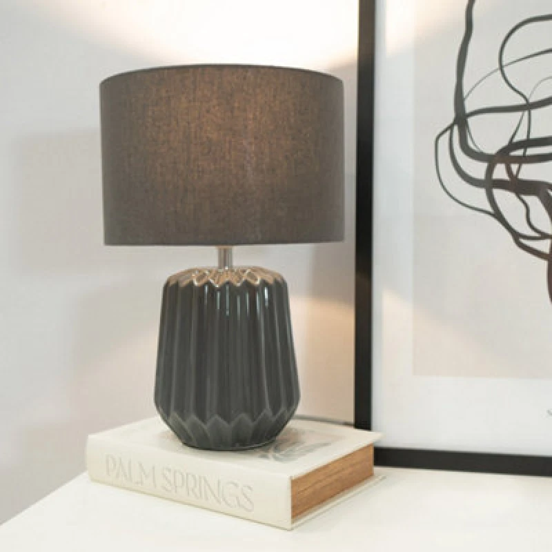 Image of ValueLights Zak Pleated Textured Ceramic Table Lamp with Fabric Lamp Shade & LED Bulbs Grey