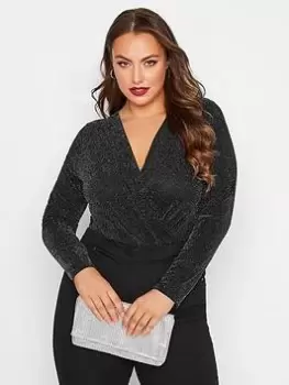 image of Yours Brillo Wrap Front Bodysuit. Black/silver, Black, Size 24, Women