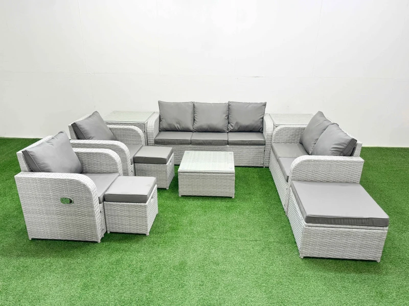 Image of Fimous PE Rattan Garden Furniture Set Adjustable Chair Sofa Double Love Seat 2 Seater Sofa Lounge Set Square Coffee Table 3 Stools 2 Side Table Light