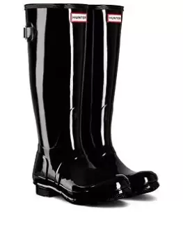 image of Hunter Original Back Adjustable Gloss Wellington Boot Black, Size 6, Women