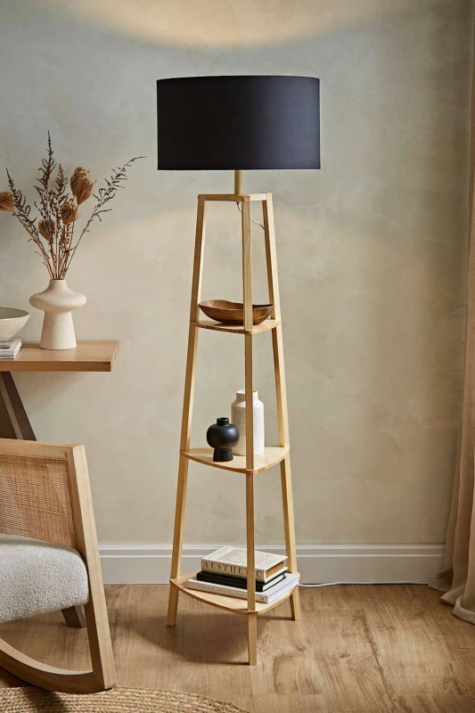 Image of ValueLights Hiru Natural 3 Tier Wooden Shelf Floor Lamp With Large Black Shade Black