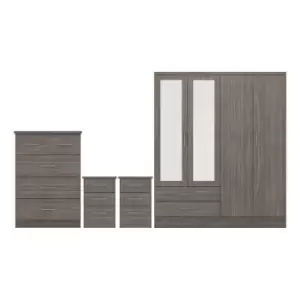 image of Seconique Nevada 4 Door 2 Drawer Wardrobe Bedroom Set - Black Wood Grain