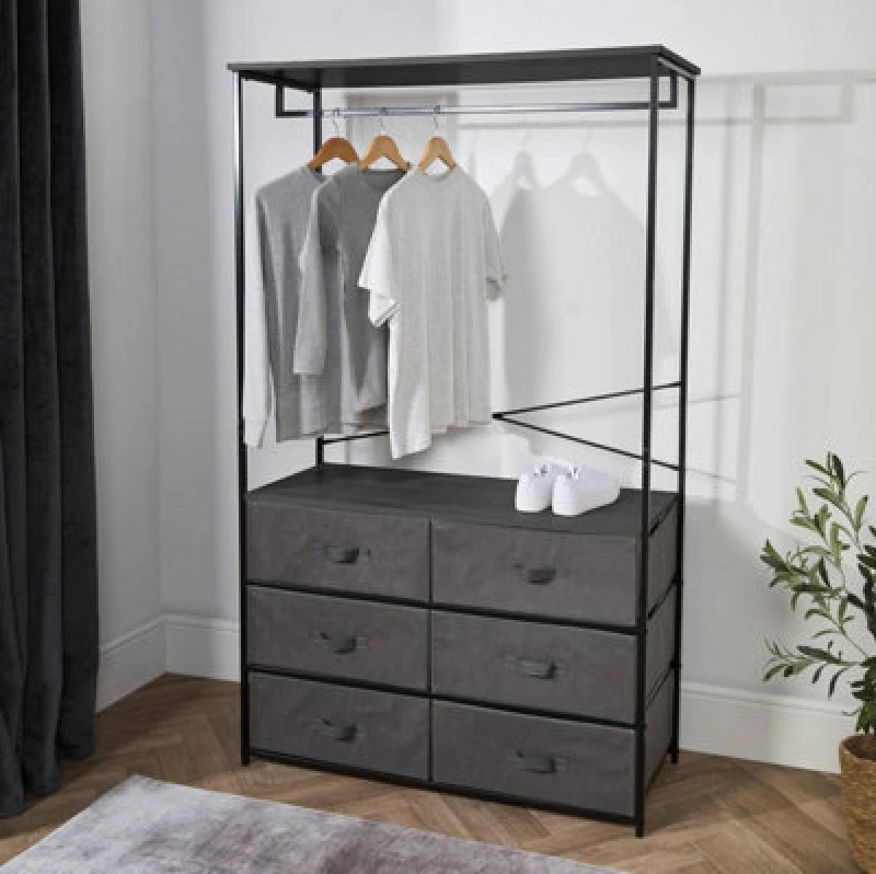 Image of OHS OHS 6 Drawer Cabinet Rail Wardrobe Coat Hanger Storage Clothes Organiser in Light Grey Light Grey One Size Unisex 5027434217465