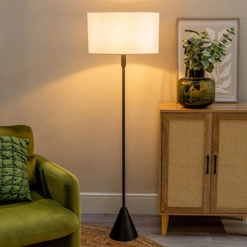 Image of ValueLights ValueLights Mitch Fabric Drum Lamp Shade Black Wood Stem Triangle Floor Lamp with LED Bulb in White White One Size Unisex 5059406066641