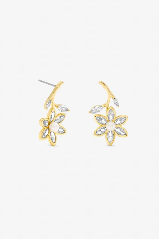 Image of Jon Richard Womens Gold Plated Crystal & Pearl Flower Drop Earrings Gold Female One Size