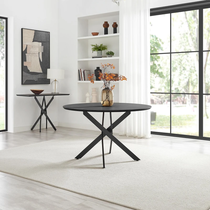 Image of FurnitureboxUK FurnitureboxUK Novara Round Black Wood and Metal 6 Seater Dining Table in Light Oak Light Oak One Size Unisex 5056784308226