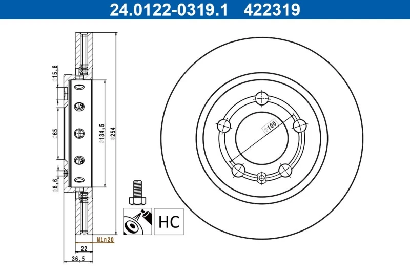 Image of Brake disc ATE 24.0122-0319.1