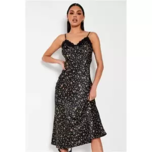 image of I Saw It First Black Lace Trim Printed Satin Midi Slip Dress - Black