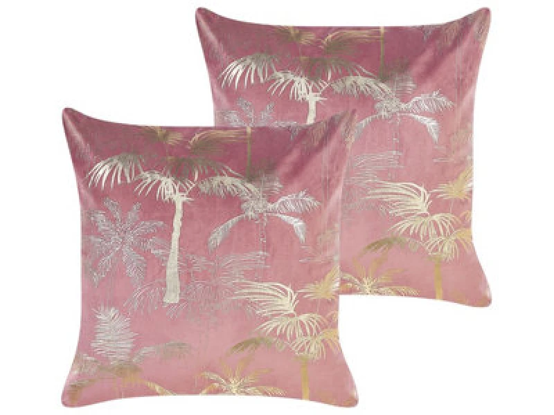 Image of Beliani Set Of 2 Decorative Cushions Caranday Velvet 45 X 45cm Pink Plant Pattern