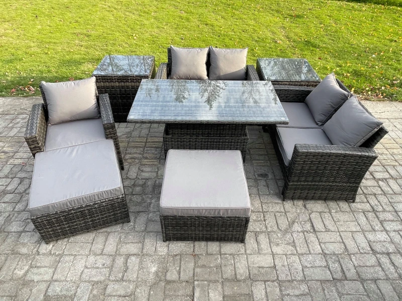Image of Fimous 7 Seater Outdoor Rattan Patio Furniture Set Garden Height Adjustable Rising Lifting Table Sofa Dining Set with 2 Side Tables 2 Big Footstool Da