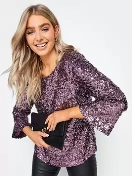 M&Co Sequin Flute Sleeve Top, Purple, Size 18, Women