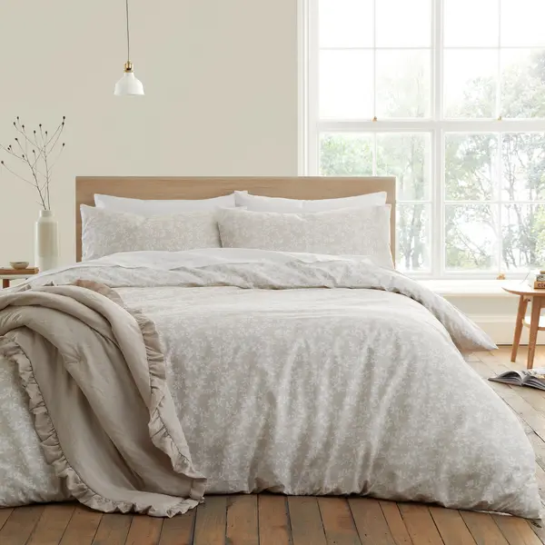 Image of Bianca Shadow Leaves 200 Thread Count Cotton Natural Duvet Cover and Pillowcase Set Natural
