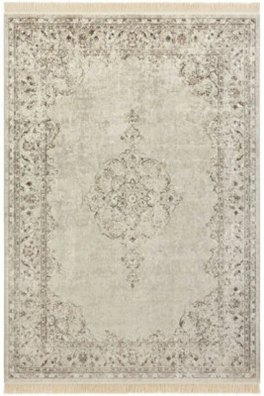 Image of The Rugs Oriental Velvet Vintage Medallion Rug - Fringed Viscose Carpet In Cream