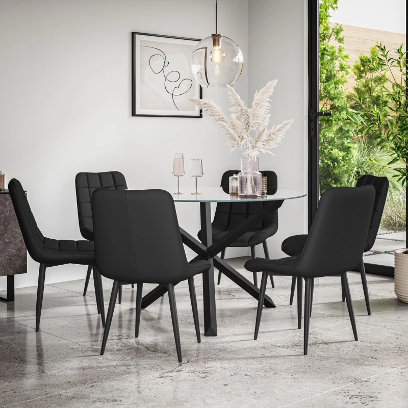 Image of More4Homes Malvern Round Dining Table And Chairs - Clear Glass Table Top W Solid Black Oak Legs + 6 Nova Faux Leather Dining Chairs (Black)