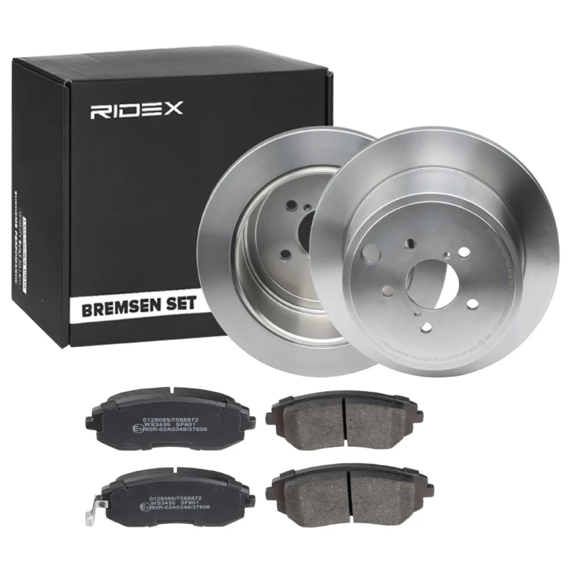 Image of RIDEX 3405B1366 Brake disc and pads set Front Axle, Brake Disc Type: Solid, with acoustic wear warning Brake Set,disc brakes (3405)