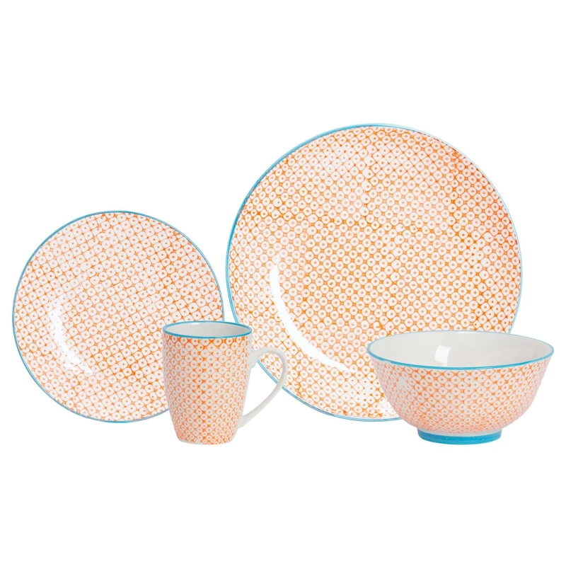 Image of Nicola Spring 24 Piece Hand-Printed Dinner Set Orange