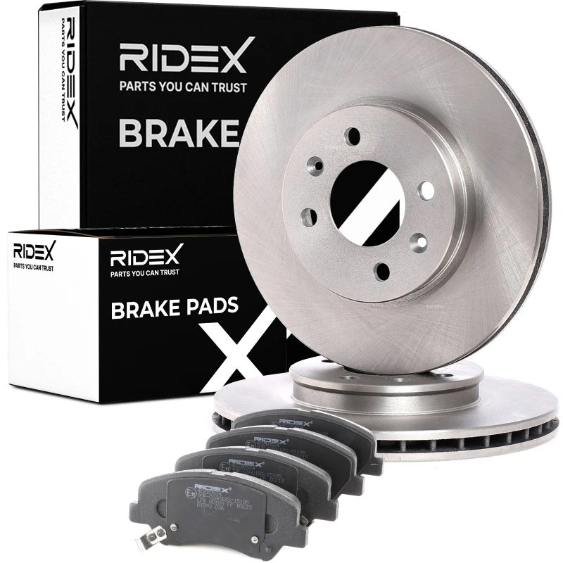 Image of RIDEX 3405B0474 Brake disc and pads set Front Axle, Brake Disc Type: Vented, with acoustic wear warning, with anti-squeak plate Brake Set,disc brakes