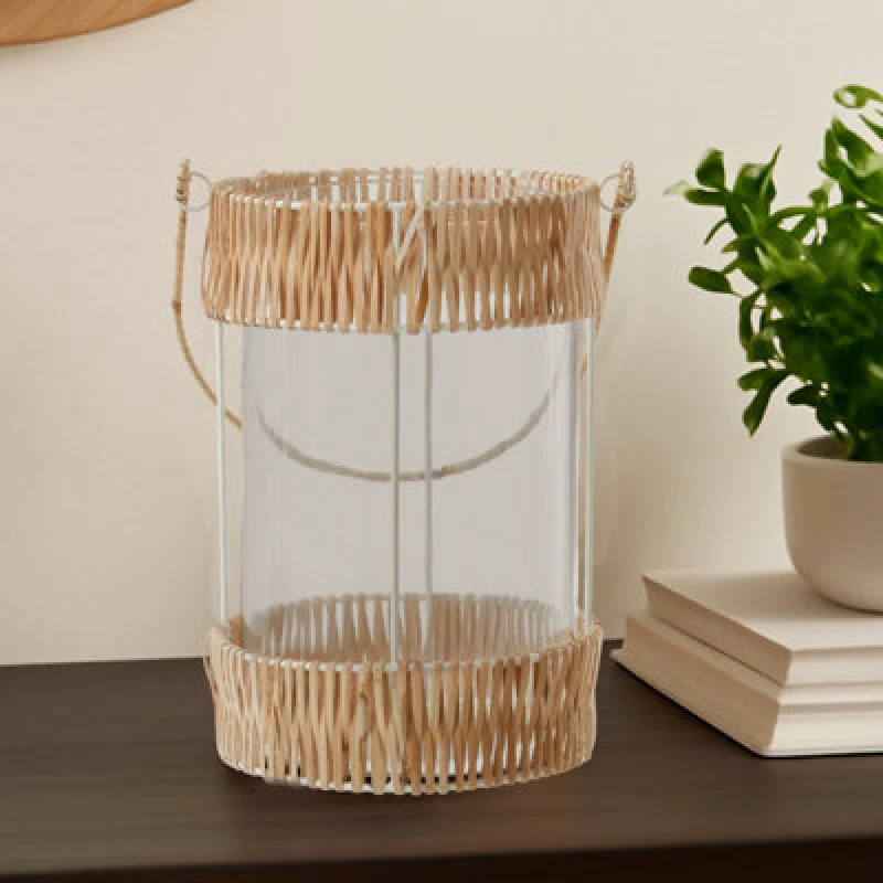 Image of Orsina Natural Rattan Large Lantern, Rustic And Stylish Glass Lantern, White Metal And Clear Glass Candle Lantern