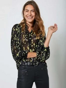 Image of Mint Velvet Charlotte Animal Print Pleat Sleeve Blouse - Black