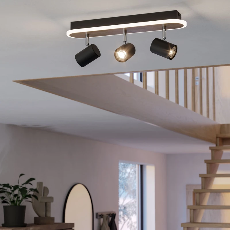 Image of EGLO Rimbocchi Natural Wood & Steel Modern 3 Light Spotlight Black