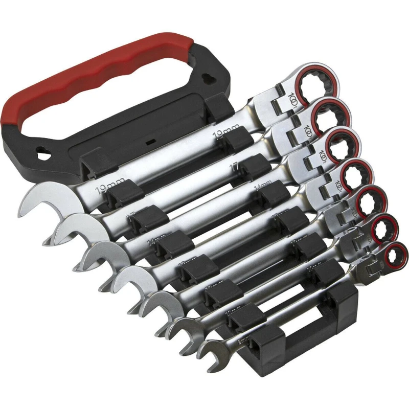 Image of Loops 7pc FLEXIBLE Head Combination Ratchet Spanner Set 12 Point Metric Moving Socket Multi