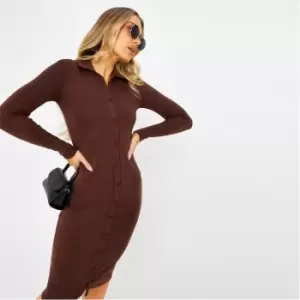 Image of I Saw It First Cotton Rib Button Front Collared Midi Dress - Brown