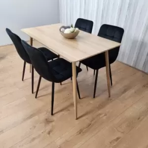 Image of Rectangle Oak Effect Kitchen Dining Table With 4 Black Velvet Tufted Chairs Dining Set