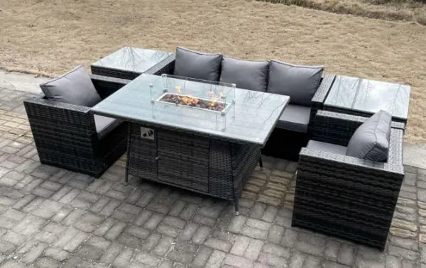 Image of Fimous 5 Seater Outdoor Dark Grey Rattan Lounge Complete Sofa Set with Gas Firepit and 2 Coffee Tables