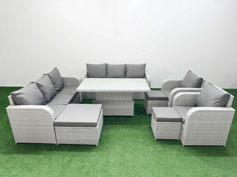 Image of Fimous PE Rattan High Back Lounge Sofa Set Patio Adjustable Lifting Dining or Coffee Table & Chairs Set with 3 Seater Sofa Reclining Chair 3 Stools Li