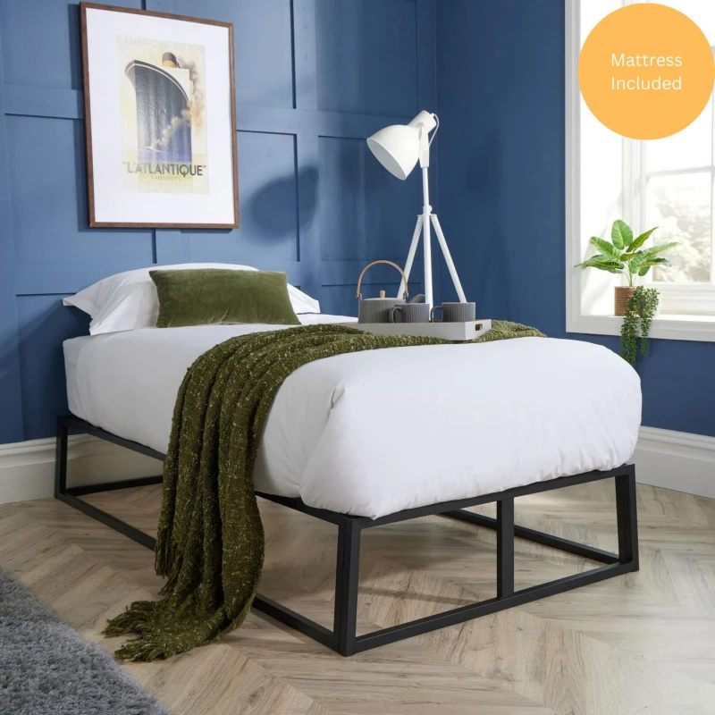 Image of Home Source Platform Bed & Mattress Metal Frame With Slatted Support Black