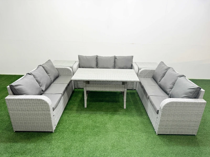 Image of Fimous PE Rattan Lounge Sofa Set 9 Seater Outdoor Garden Furniture Set with Rectangular Dining Table 3 Seater Sofa 2 Side Table Light Grey Light Grey