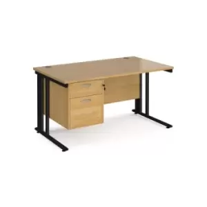 Image of Office Desk Rectangular Desk 1400mm With Pedestal Oak Top With Black Frame 800mm Depth Maestro 25 MCM14P2KO