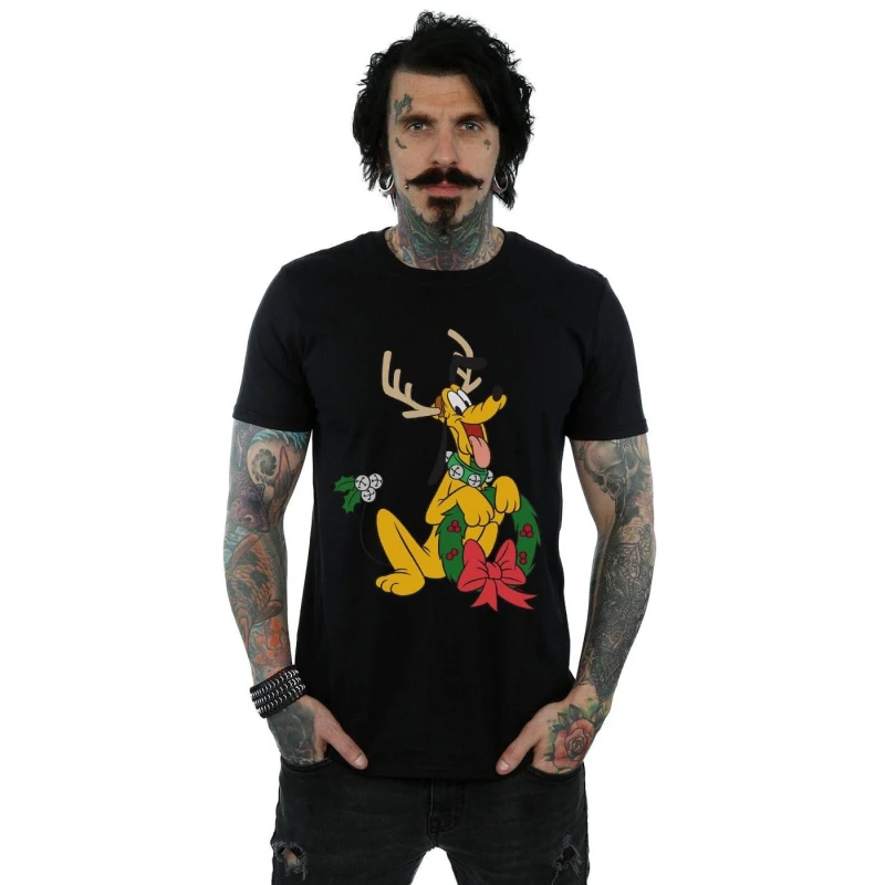 Image of Disney Men Pluto Christmas Reindeer T-Shirt in Black Size: Small Black S Male 5059400324174