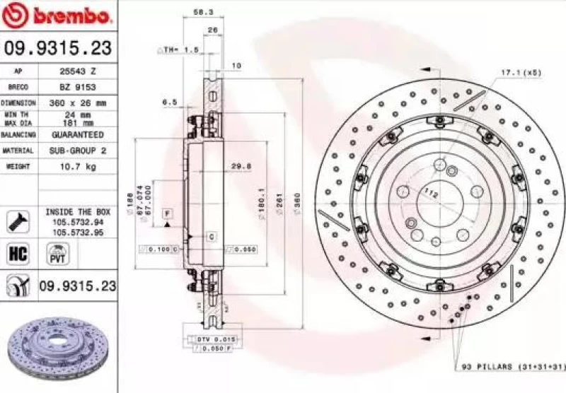 Image of BREMBO 09.9315.23 Brake disc Aluminium Brake Disc Hub, Coated, High-carbon, with bolts/screws Brake Disc (82)