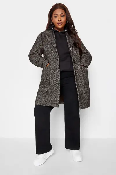 image of Yours Herringbone Midi Formal Coat Black