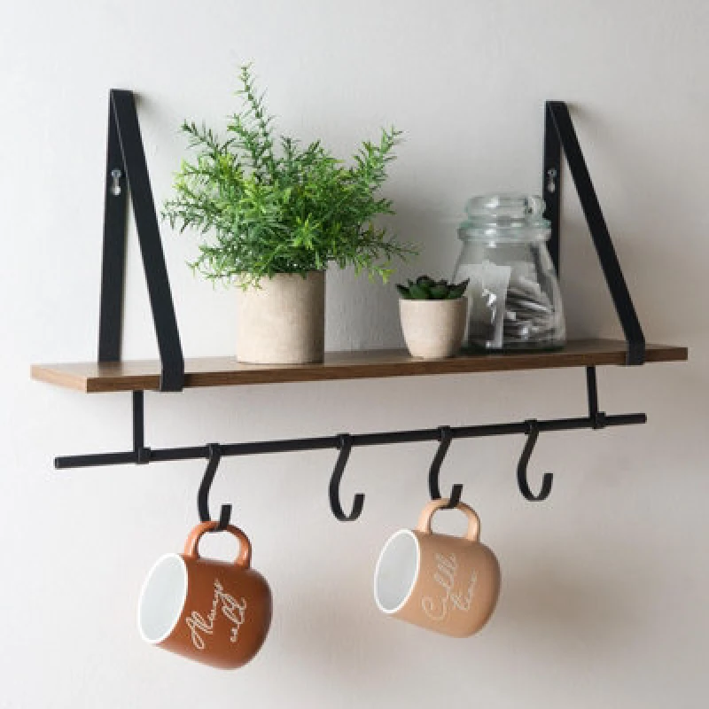 Image of OHS OHS Wooden Shelving Hooks Kitchen Display Cup Holder Office Wall Storage Organiser in Black One Size Unisex 5027434198511