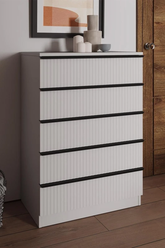 Image of FWStyle Ripple Effect White 5 Drawer Chest Of Drawers Nightstand Scalloped Fronts White