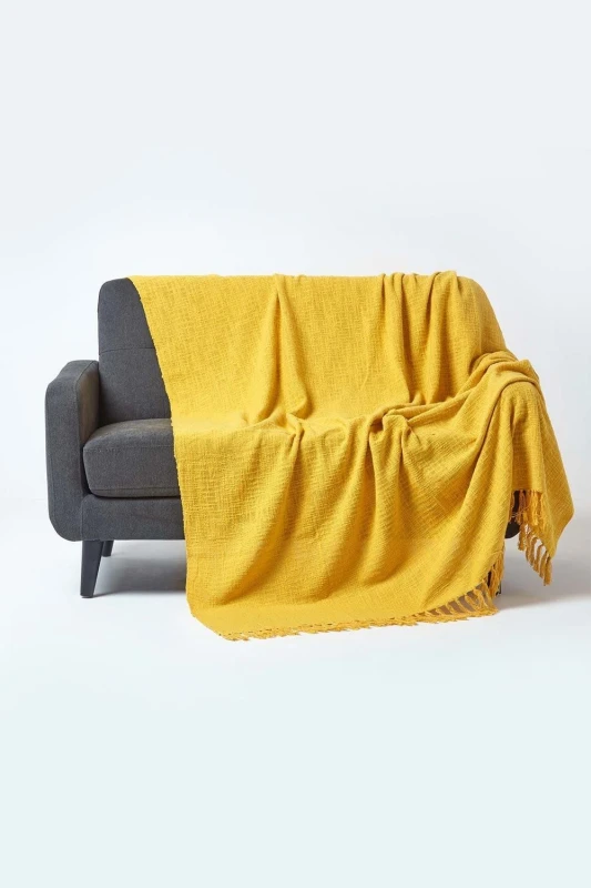 Image of Homescapes Nirvana Slub Cotton Ochre Yellow Throw, 255 X 360 Cm