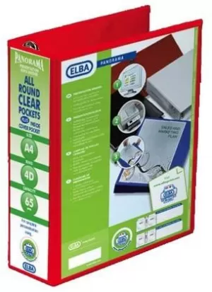 image of Elba Panorama A4 Presentation Ring Binder PVC 4 D Ring 65mm Capacity Red Pack of 4 Ring Binders