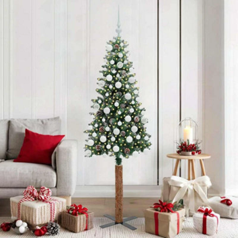Image of vidaXL Slim Christmas Tree with 300 LEDs, White Balls Green and White 180 cm, Green 3394902