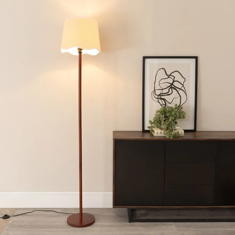 Image of ValueLights Heather Dark Wood Single Stem Floor Lamp with Scallop Edge Tapered Lamp Shade White