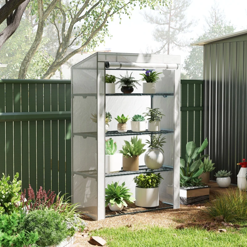 Image of Outsunny 4 Tier Lean-to Mini Greenhouse with Reinforced PE Cover, Grey Grey