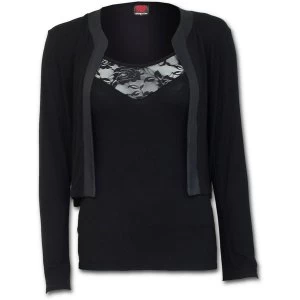 Image of Gothic Elegance 2In1 Lace Vest Cardigan Womens Large Long Sleeve Top - Black