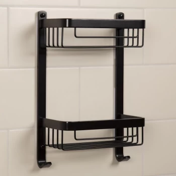 image of Croydex - Bathroom Aluminium Matt Black Double Tier Shower Caddy Easy Clean Wire