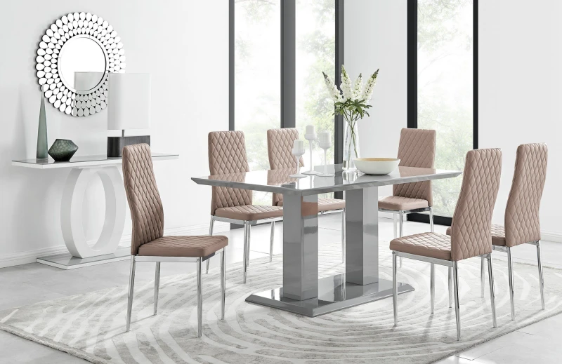 Image of FurnitureboxUK FurnitureboxUK Imperia Grey Modern High Gloss Dining Table And 6 Milan Dining Chairs Set in Beige Beige One Size Unisex 5056542638244