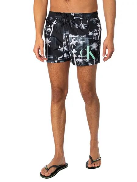 Image of Calvin Klein Short Drawstring Print Swim Shorts Palm Black XL