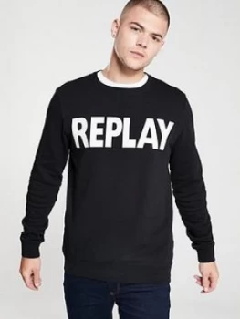 image of Replay Logo Crew Neck Sweatshirt - Black, Size L, Men