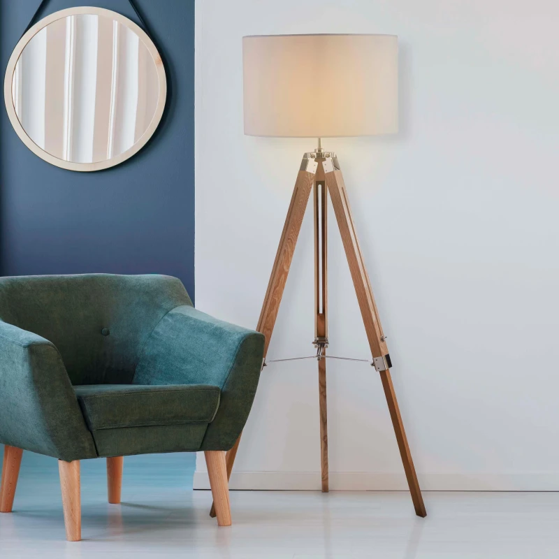 Image of Lighting Collection Light Wood Base Floor Lamp With Cream Linen Shade Natural unisex One Size